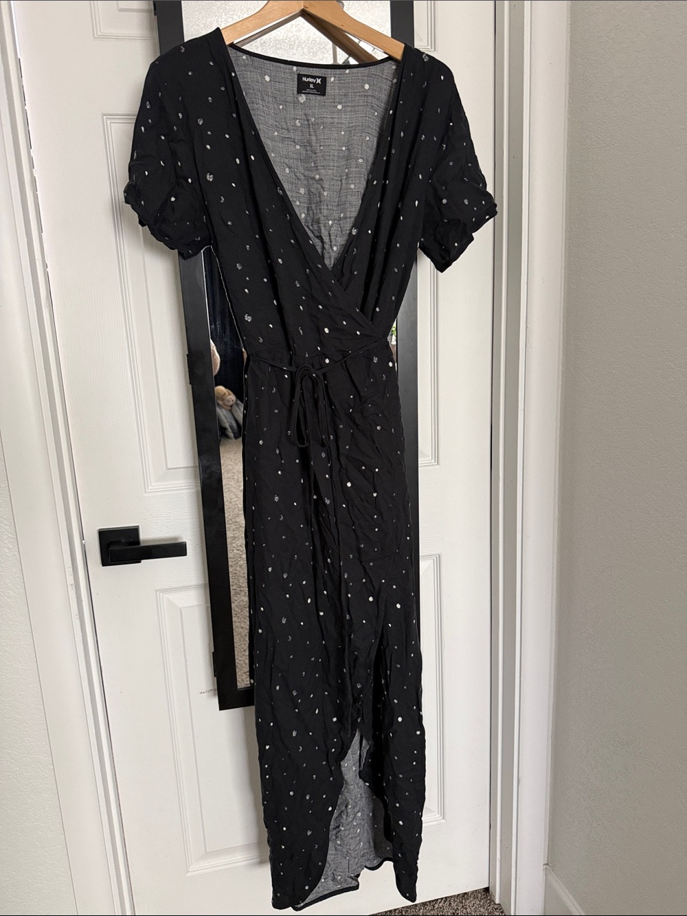 Hurley Black Maxi Wrap Dress with White Dot Print